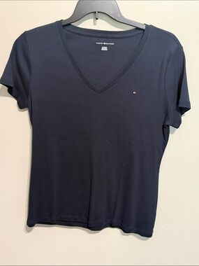 Tommy Hilfiger Navy V-Neck Short Sleeve Tee with Flag Logo